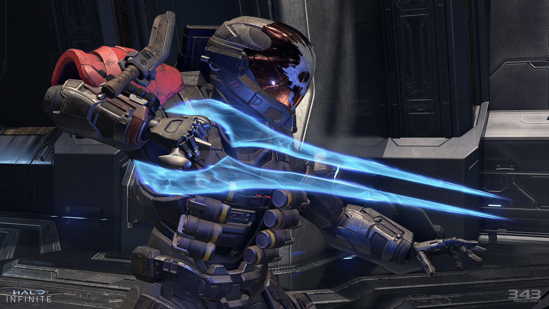 Snímek obrazovky ze hry Halo Infinite zobrazující boj se Spartanem
