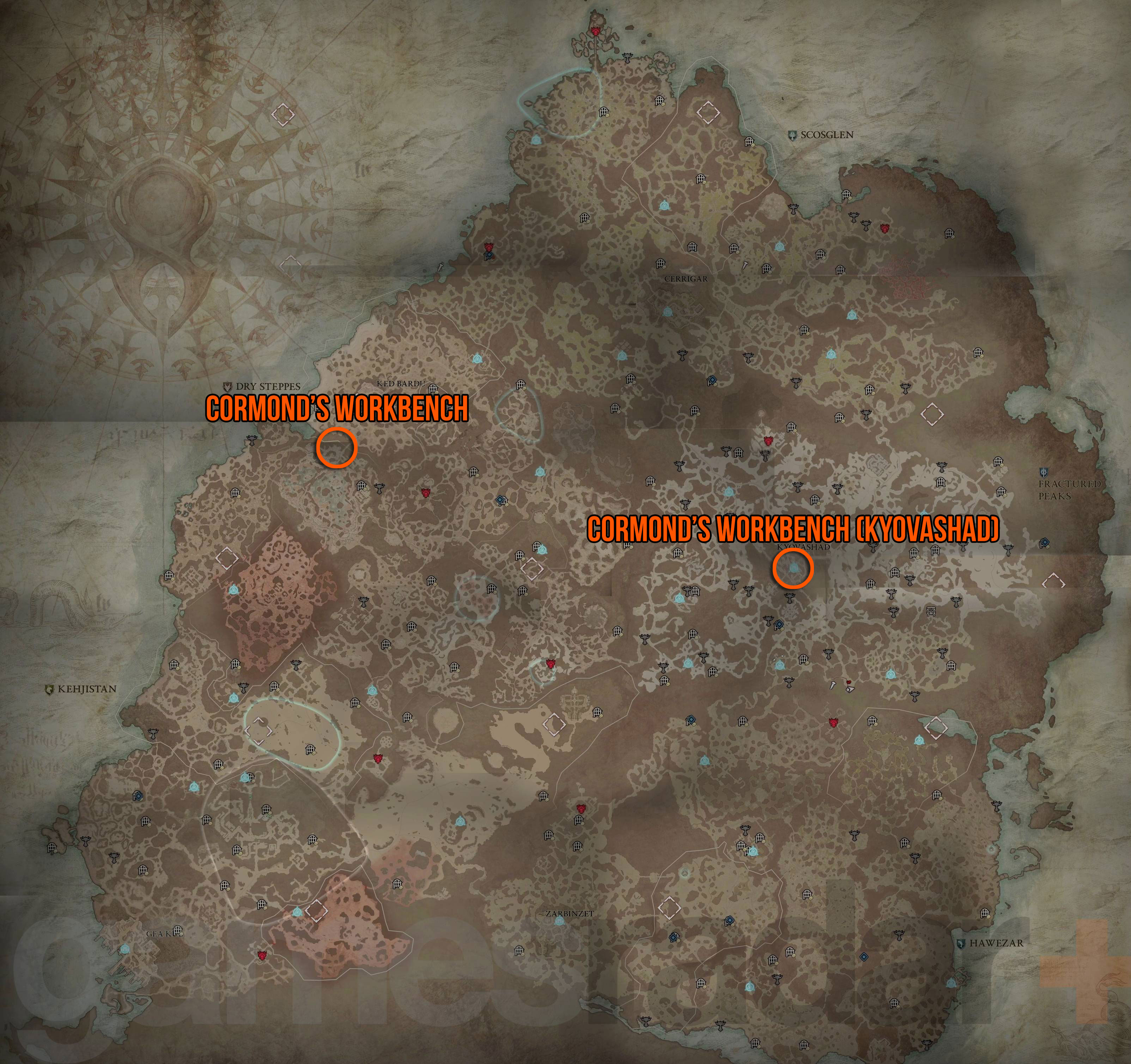 Diablo 4 Cormond's Workbench locaties op de kaart