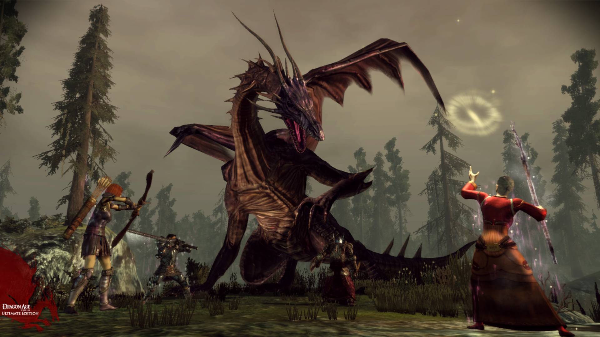 Personagens a atacar um dragão em Dragon Age: Origins - Ultimate Edition.