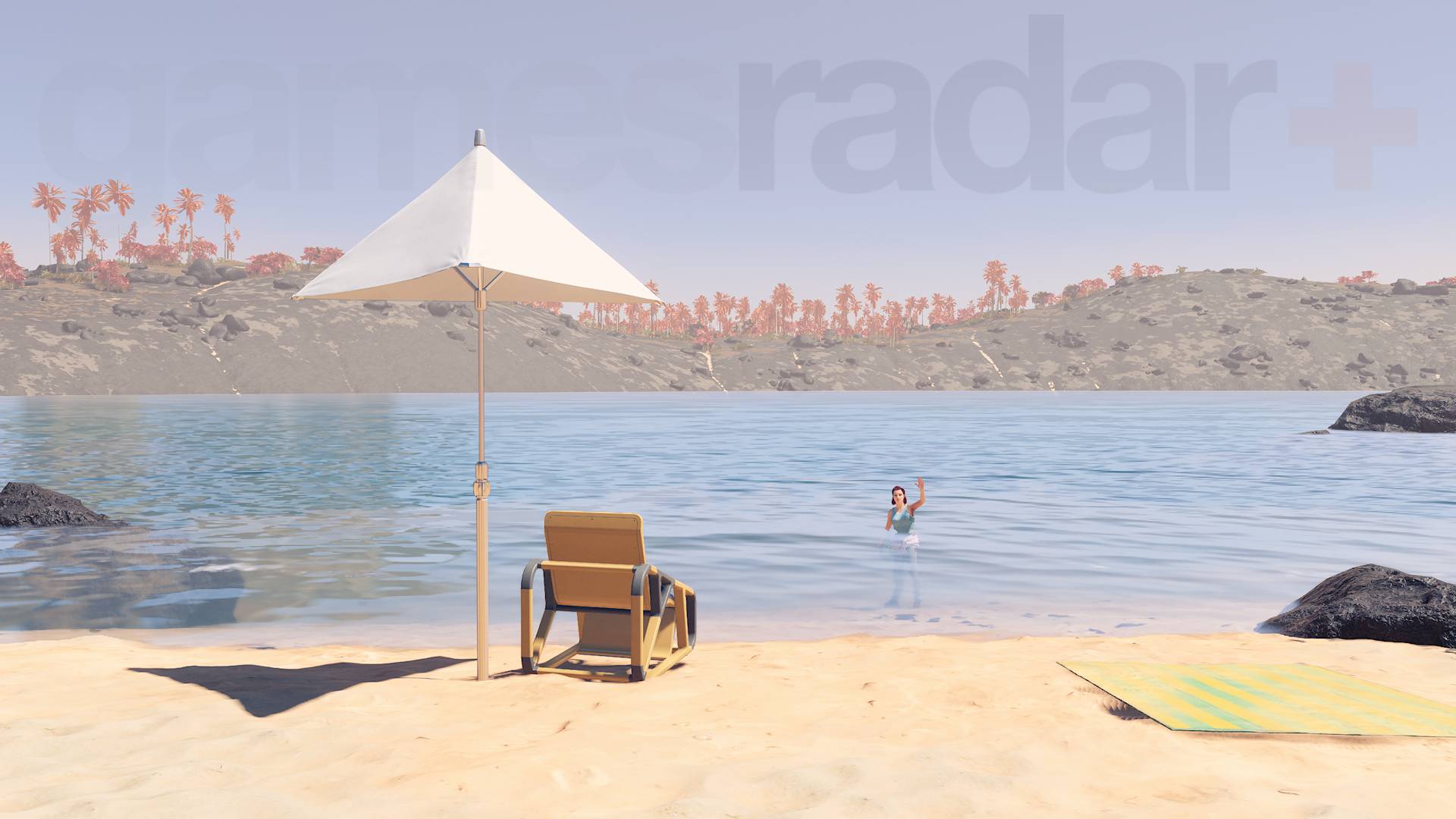 Spiaggia di Starfield Paradiso e personaggio del giocatore in piedi nell'acqua che saluta la telecamera