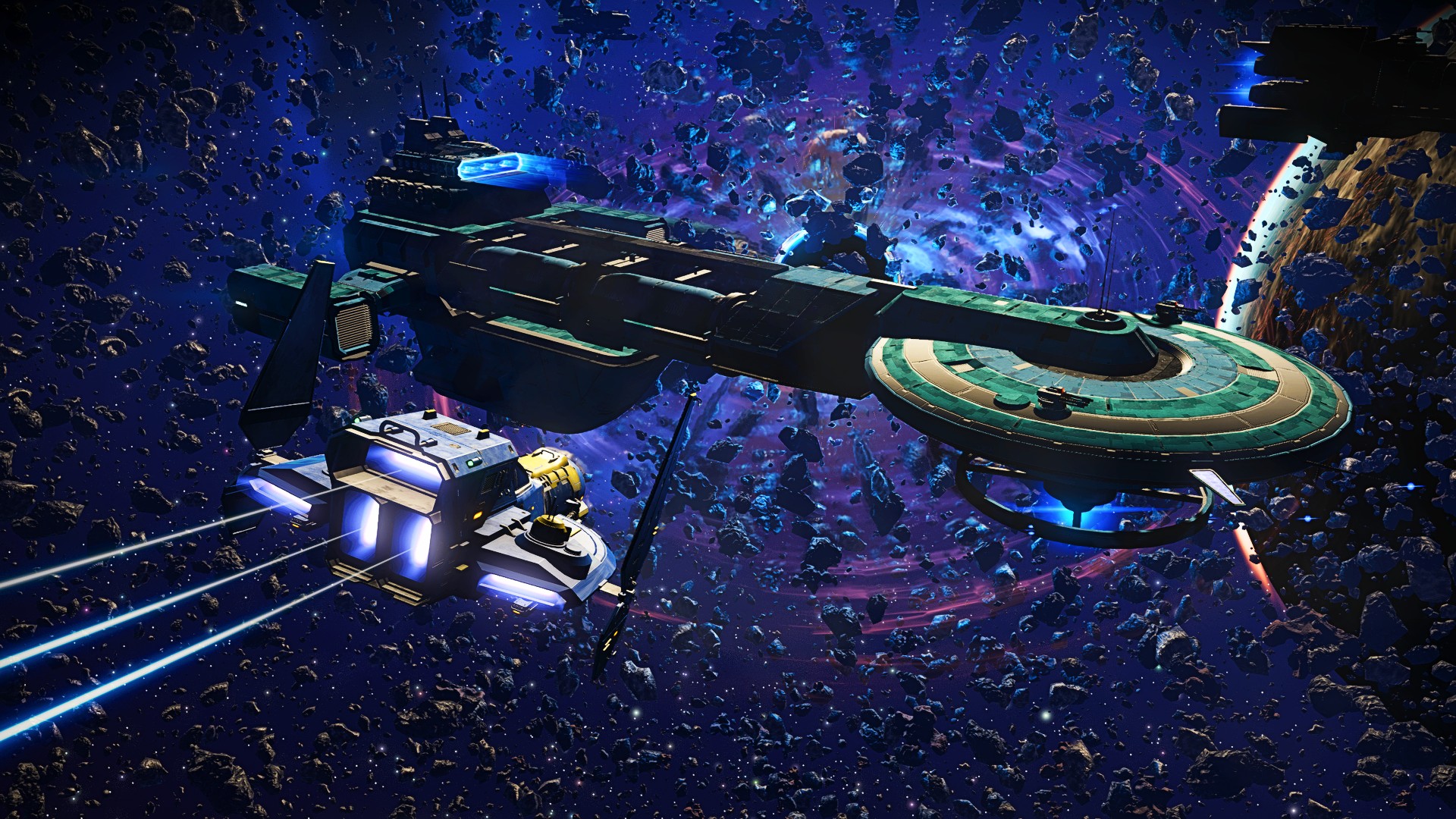Vesmírná loď letí ke stanici ve hře No Man's Sky.