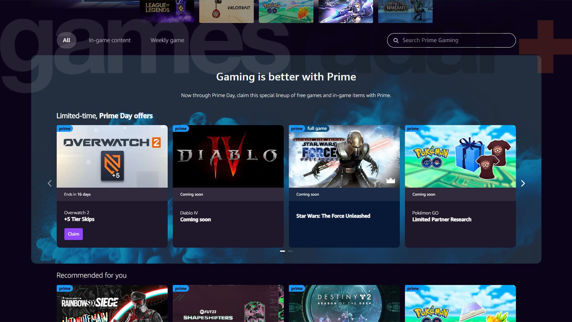 De startpagina van Prime Gaming, met Diablo 4 beloningen als Binnenkort beschikbaar