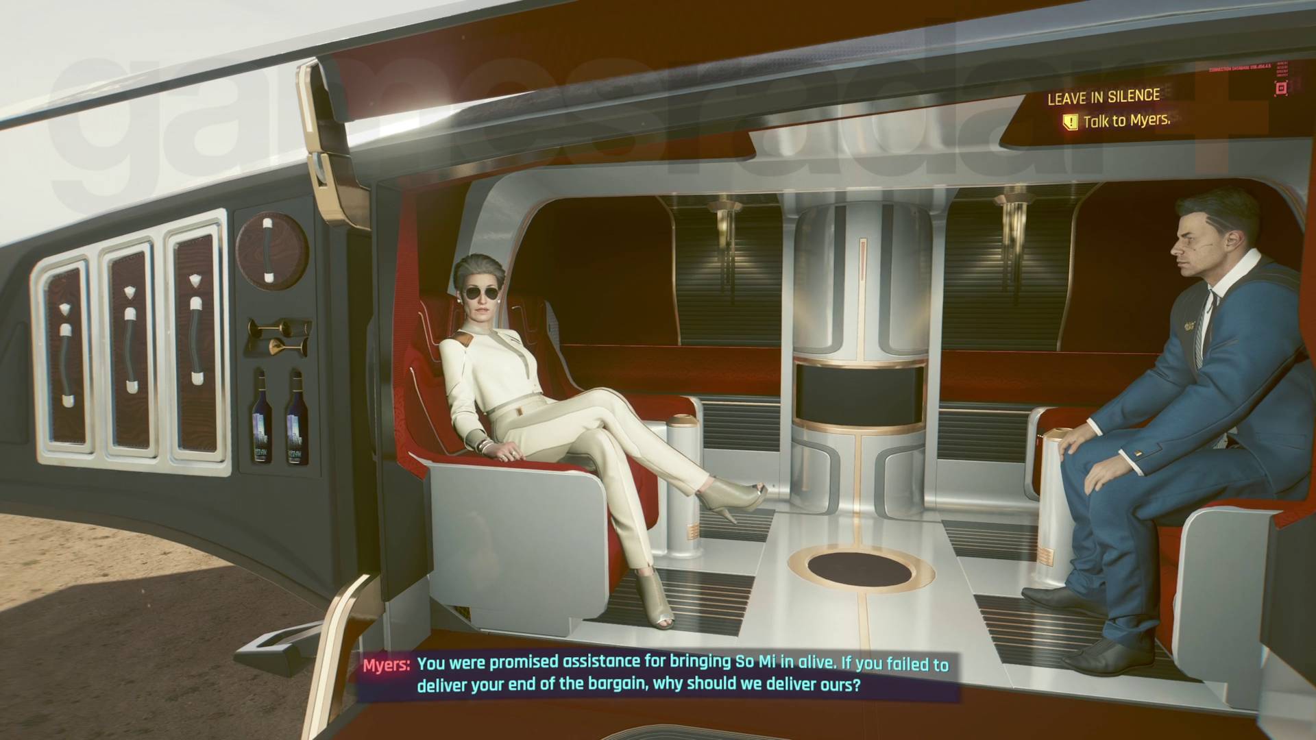 Cyberpunk 2077 Phantom Liberty termina con il Presidente Myers nel suo veicolo aereo