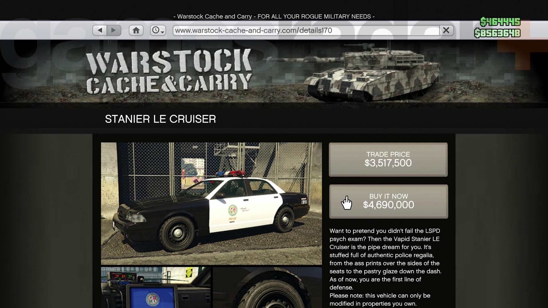 Policejní křižník GTA Online na prodej na stránkách Warstock Cache & Carry