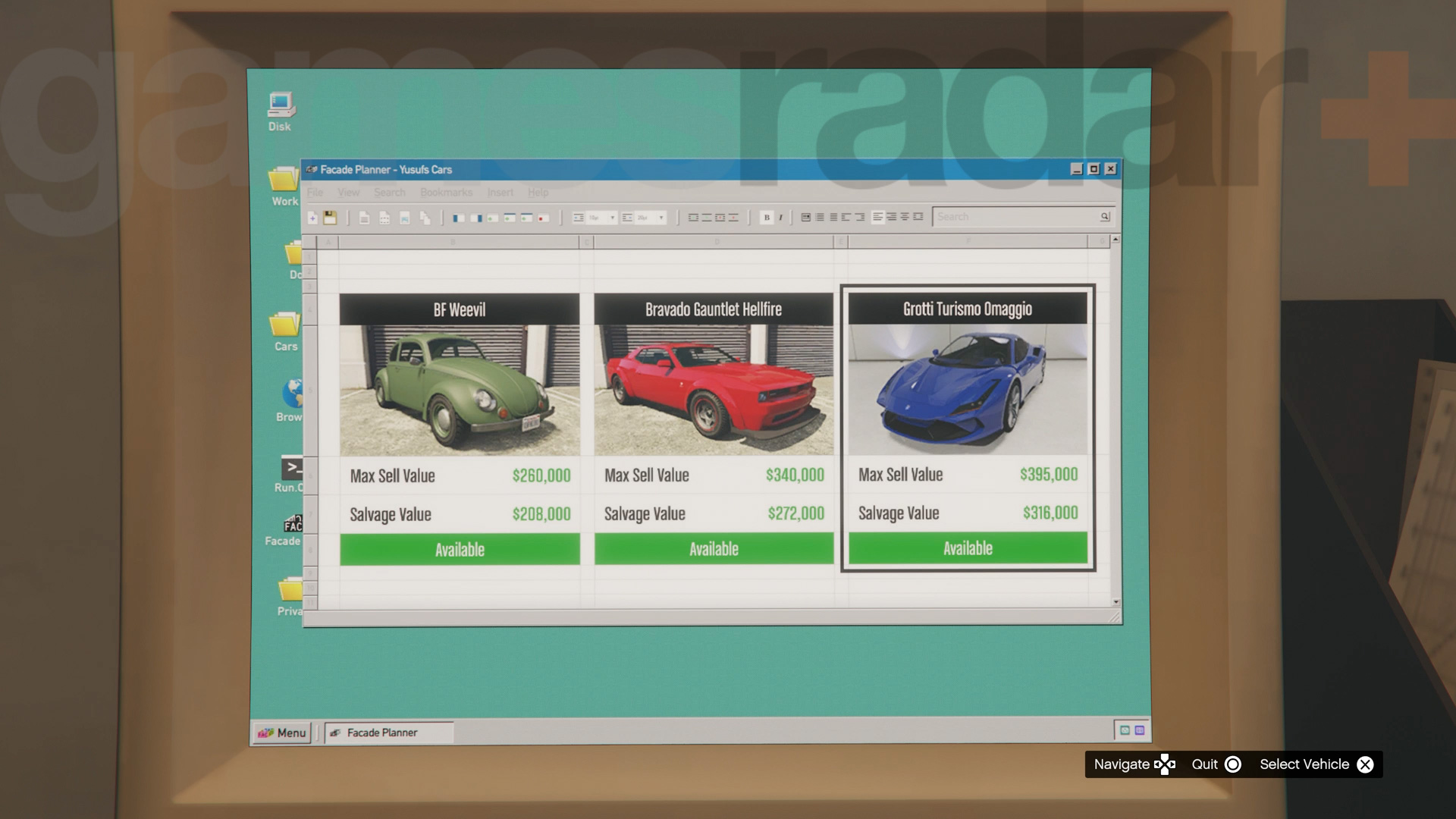 Grotti Turismo Omaggio -kohteen valitseminen Gangbanger-ryöstön aloittamiseksi GTA Onlinessa.