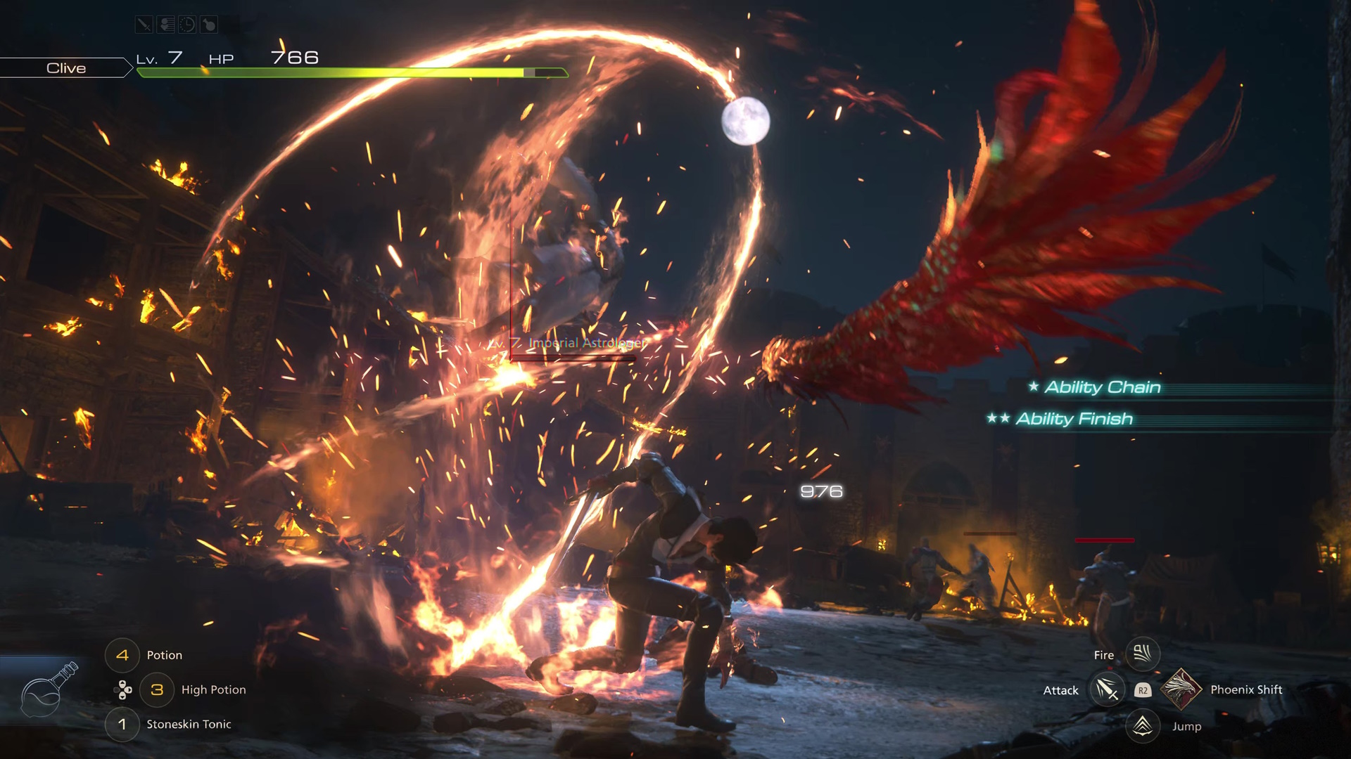 A imagem de ecrã de Final Fantasy 16 mostra o combate com Clive e muitos elementos da IU numa noite escura contra soldados