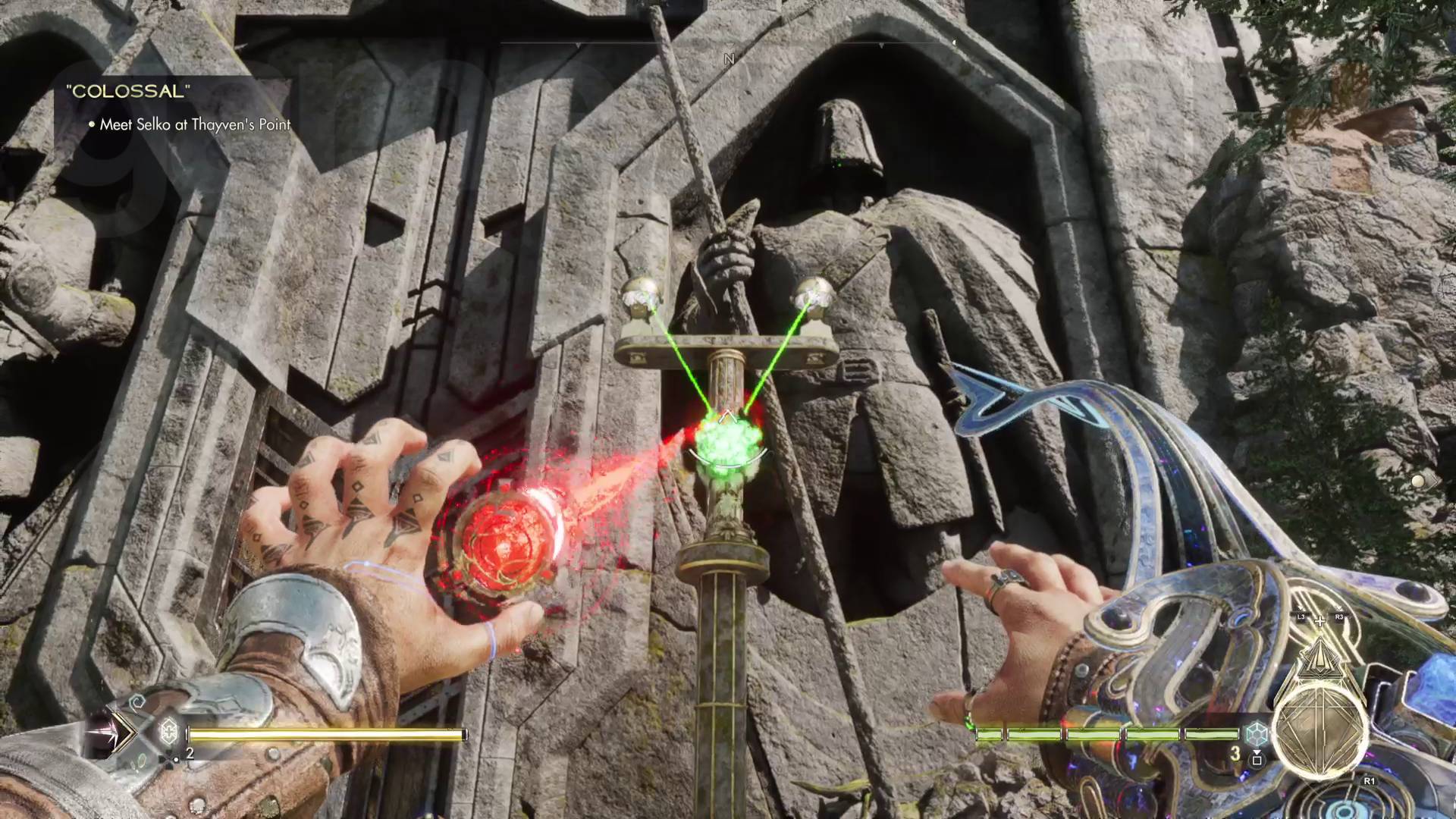 Immortals of Aveum Greyveil Plaza hádanka věže pomocí lámání laserového paprsku na zelené koule