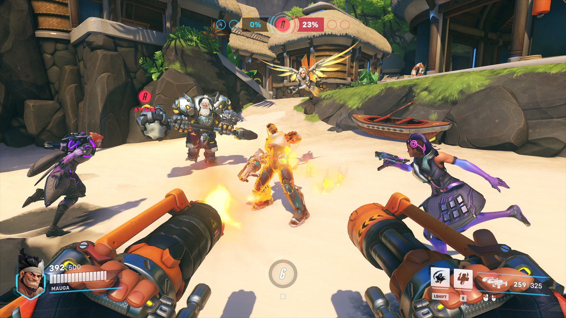 Screenshot ze hry Overwatch 2 zobrazující hrdinu Mauga v boji