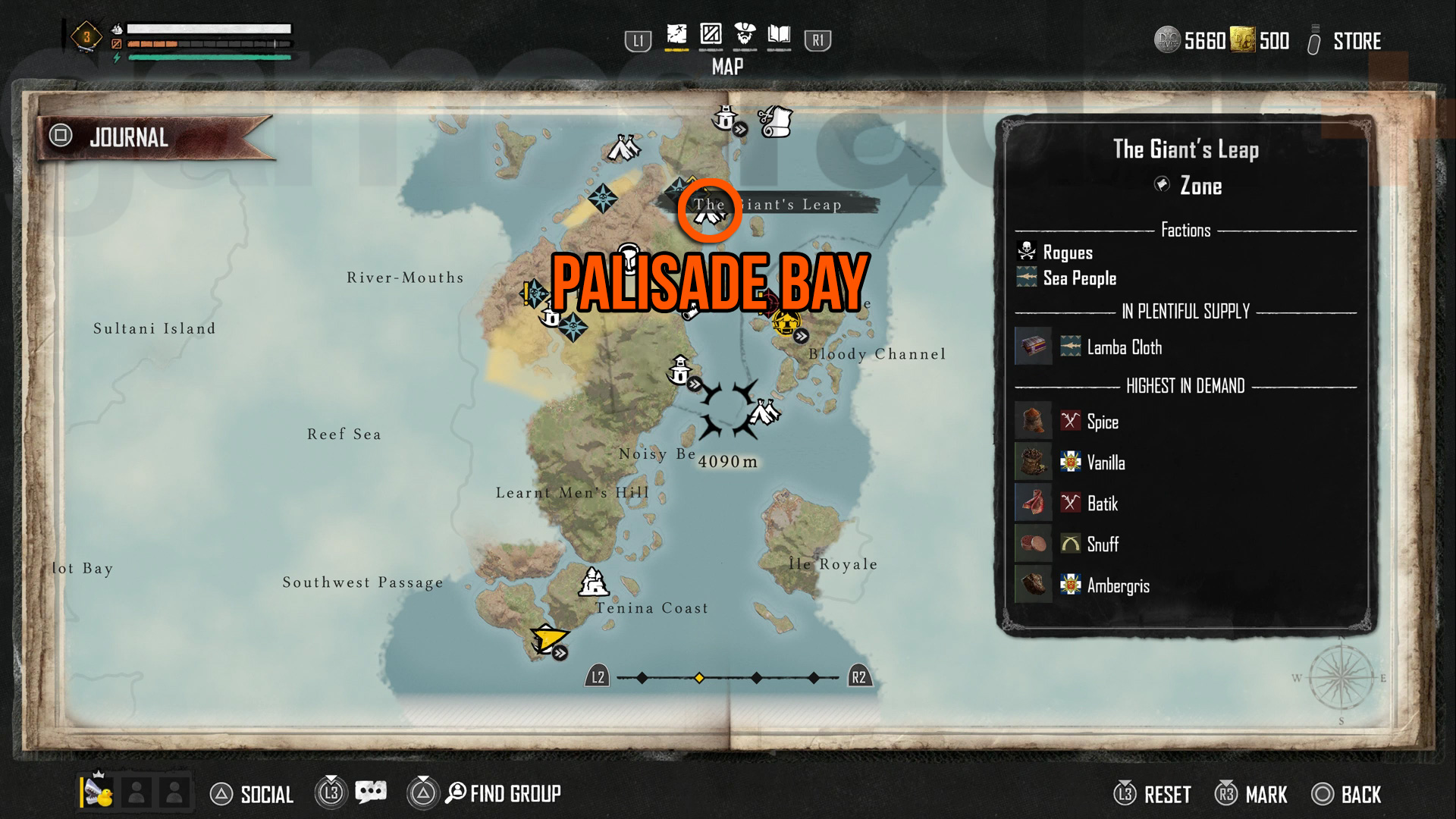 Kart som viser leveringsstedet for Skull and Bones Relics of the Past i Palisade Bay