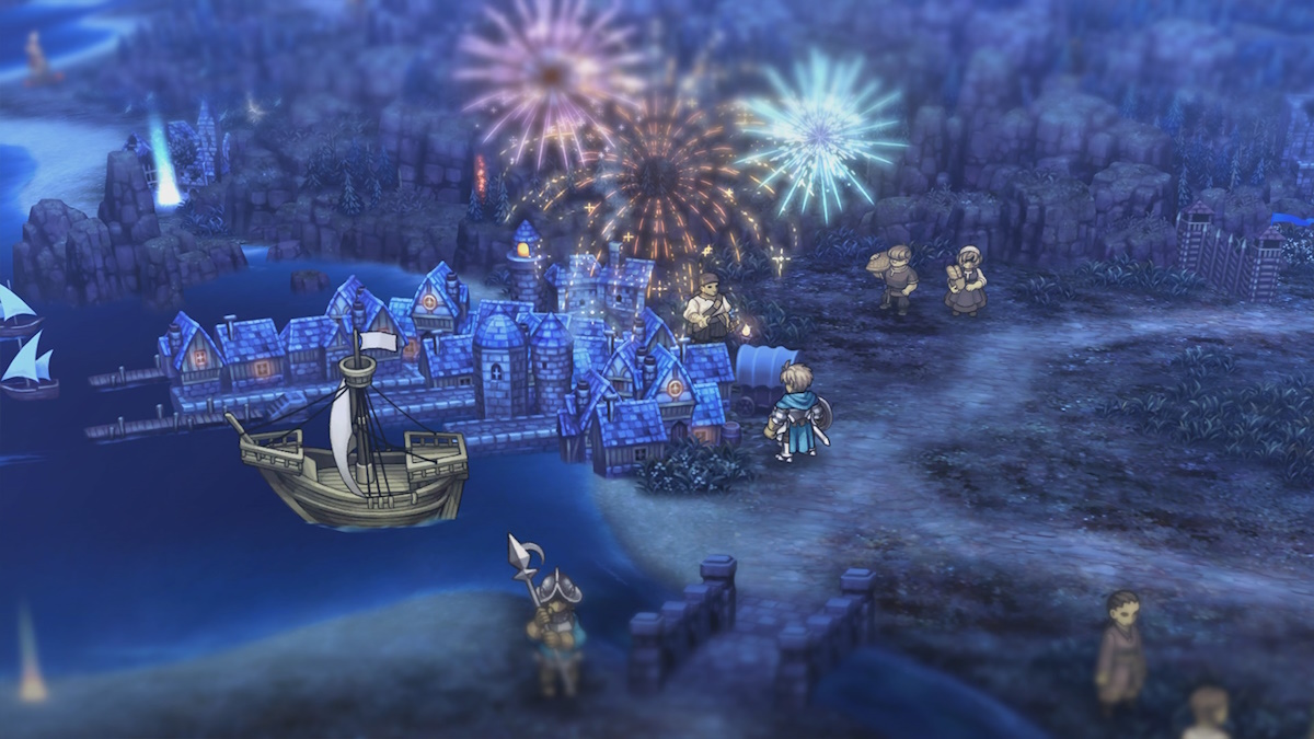 Captură de ecran a hărții Unicorn Overlord cu un oraș și focuri de artificii
