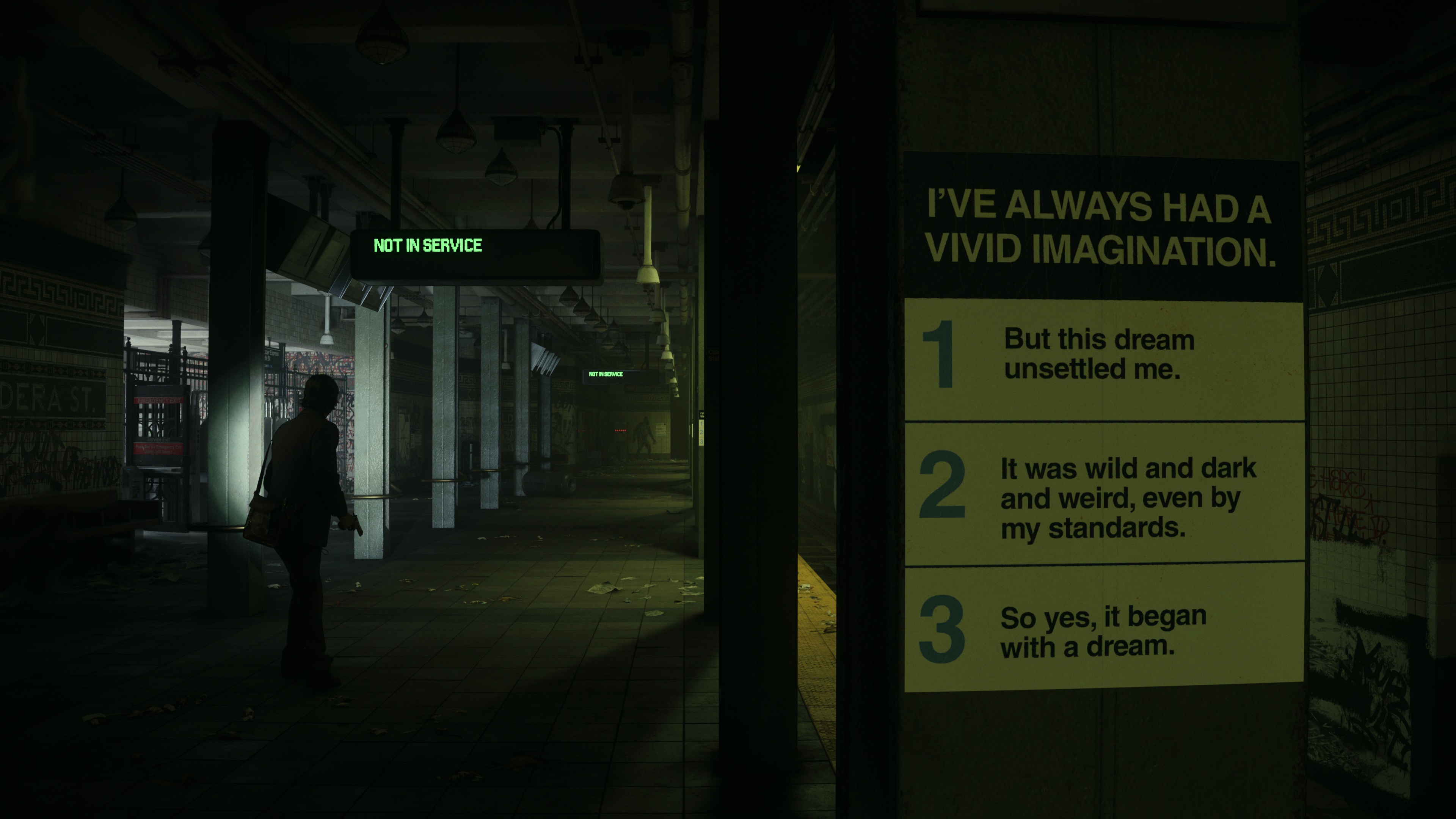 Captura de ecrã de Alan Wake 2 que mostra Alan Wake a explorar os túneis do metro com a lógica dos sonhos rabiscada nas paredes