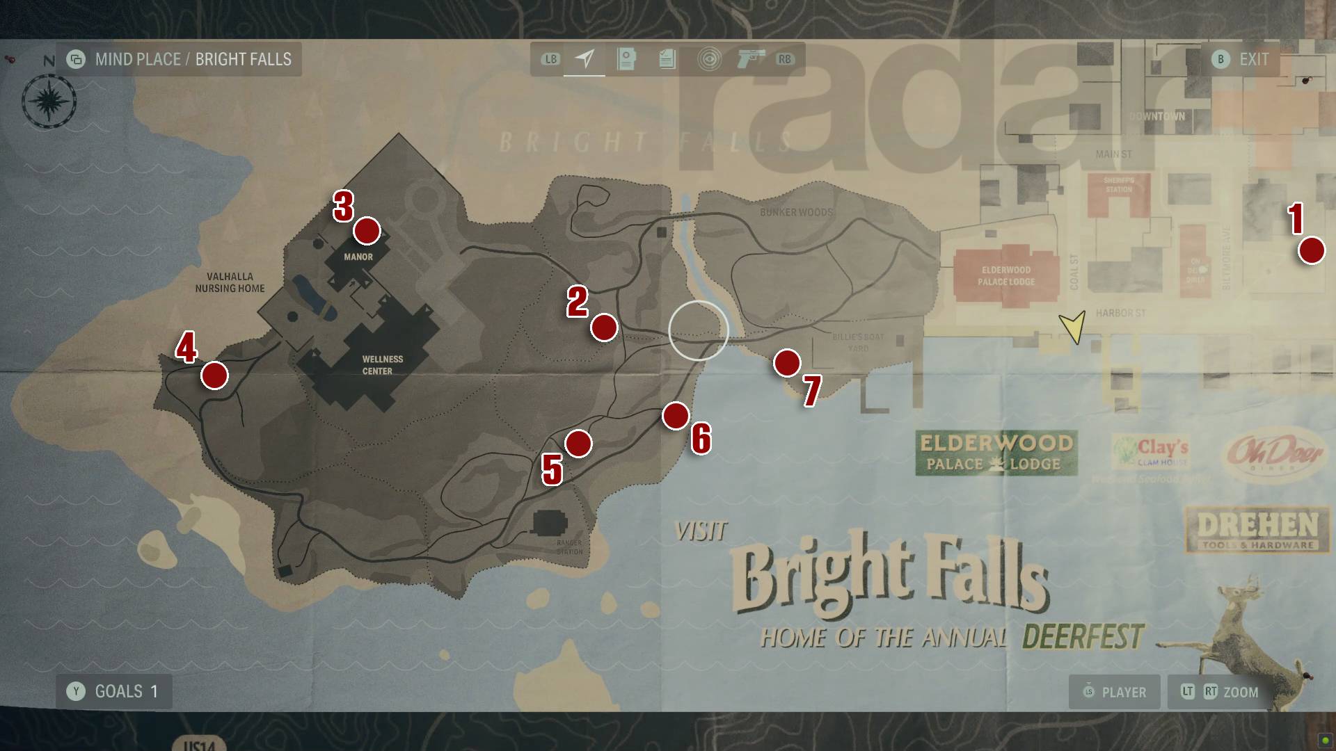 Mapa de localização das lancheiras do Alan Wake 2