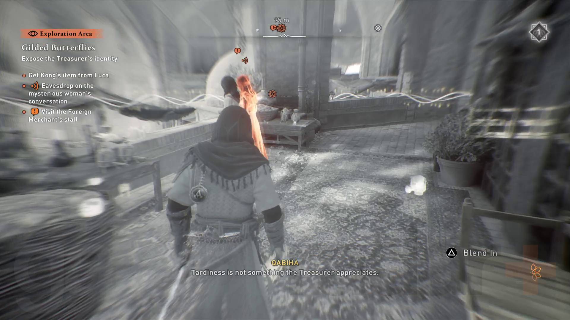 Assassin's Creed Mirage tjuvlyssnar på Qabiha i basaren