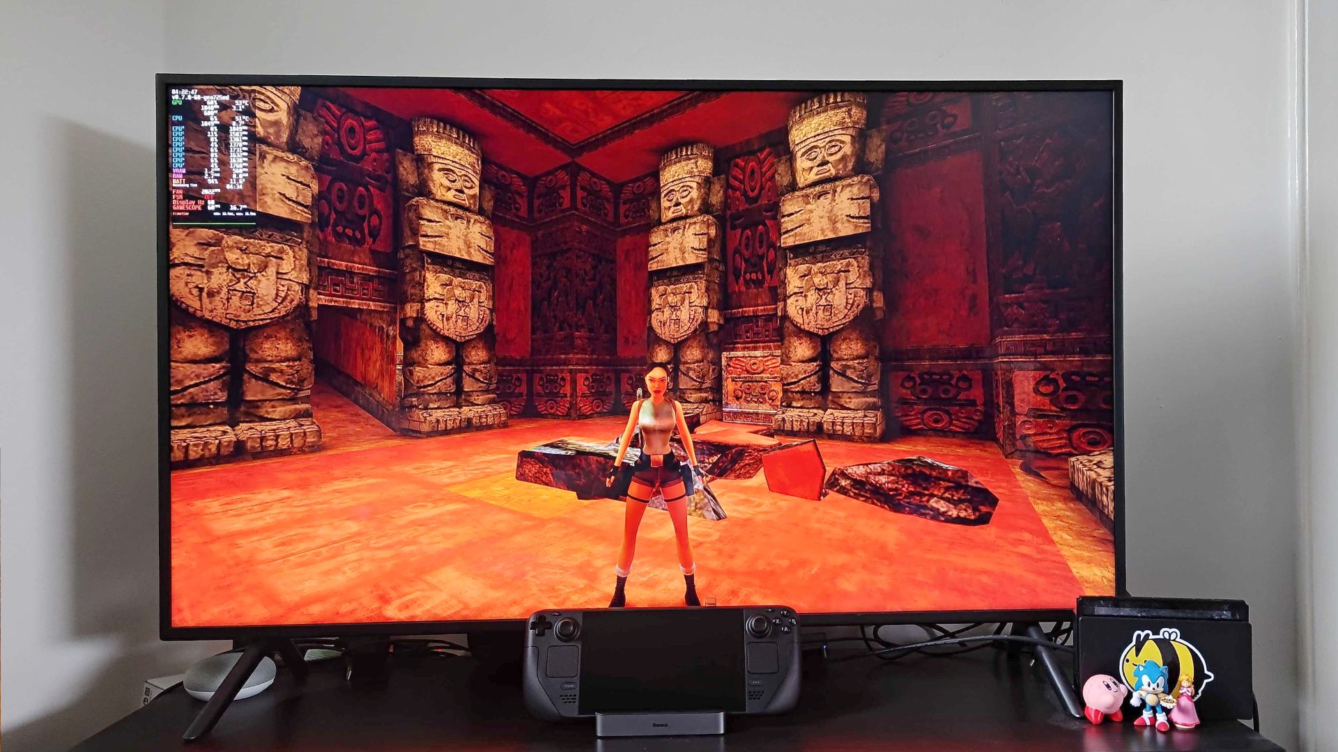 Tomb Raider Remastered ve službě Steam Deck připojený k televizoru Samsung