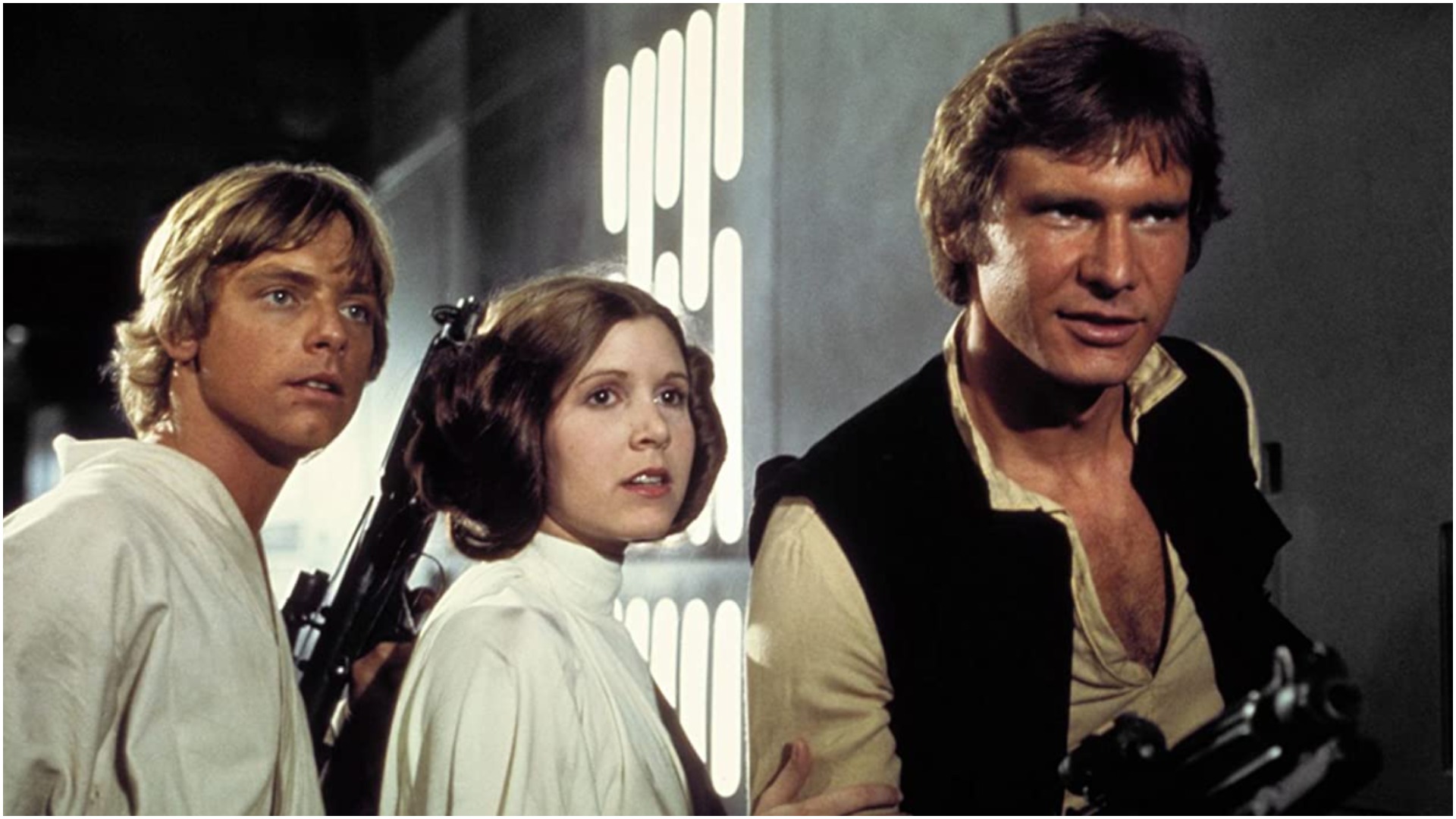 Mark Hamill, Carrie Fisher e Harrison Ford em Star Wars: Uma Nova Esperança