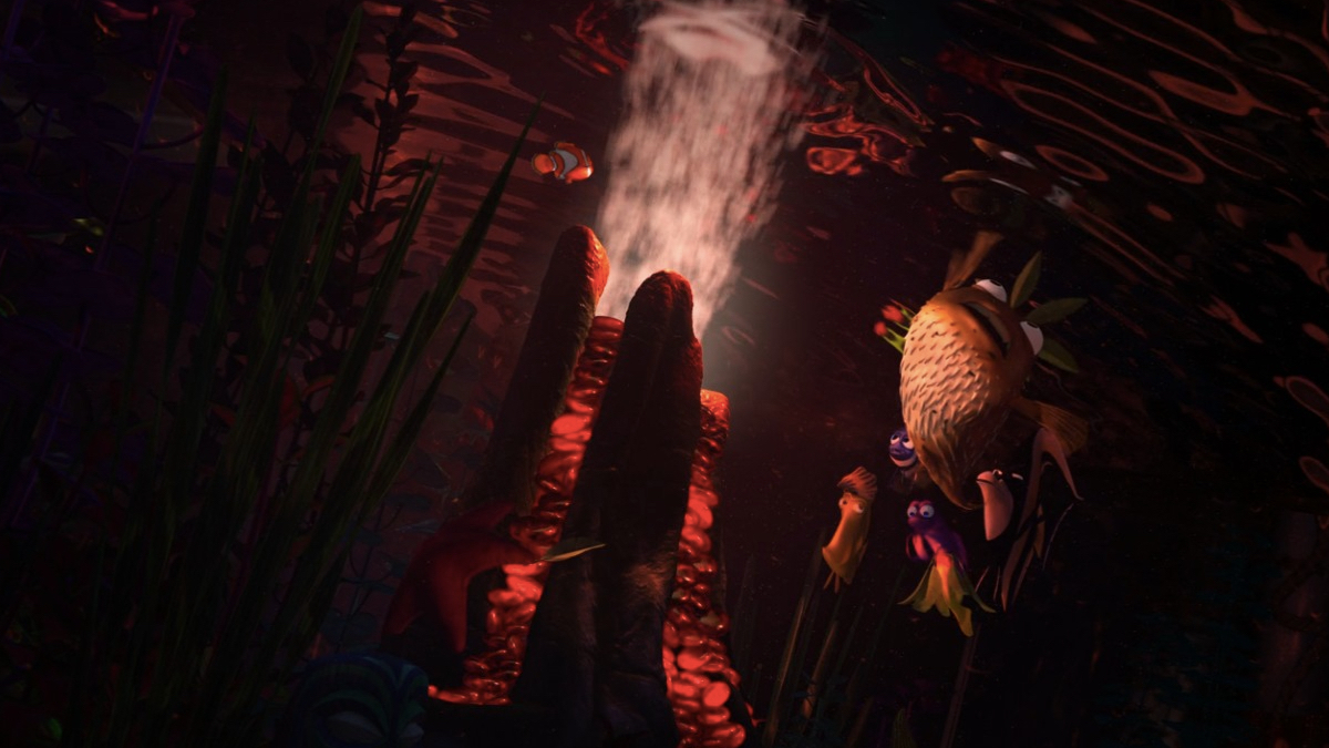 Nemo simmar över en vulkan i en tank
