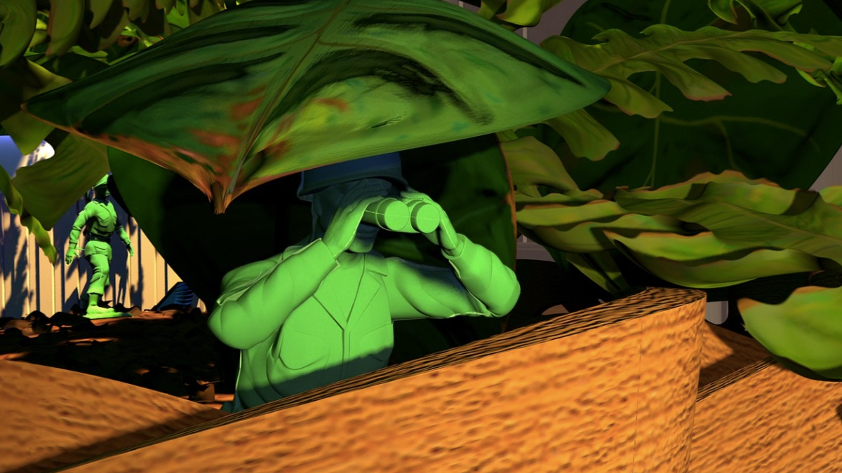 Os Green Army Men espreitam de uma planta