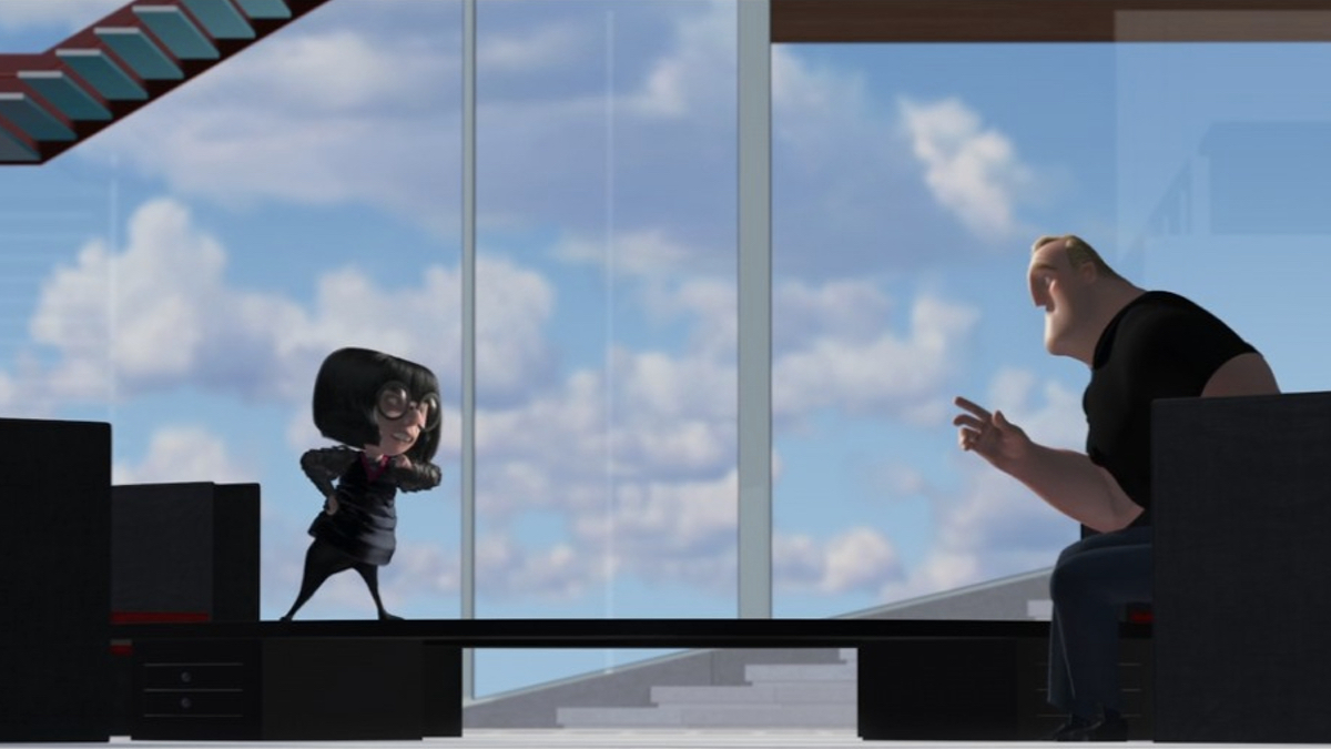 Mr Incredible och Edna grälar i Ednas överdådiga vardagsrum