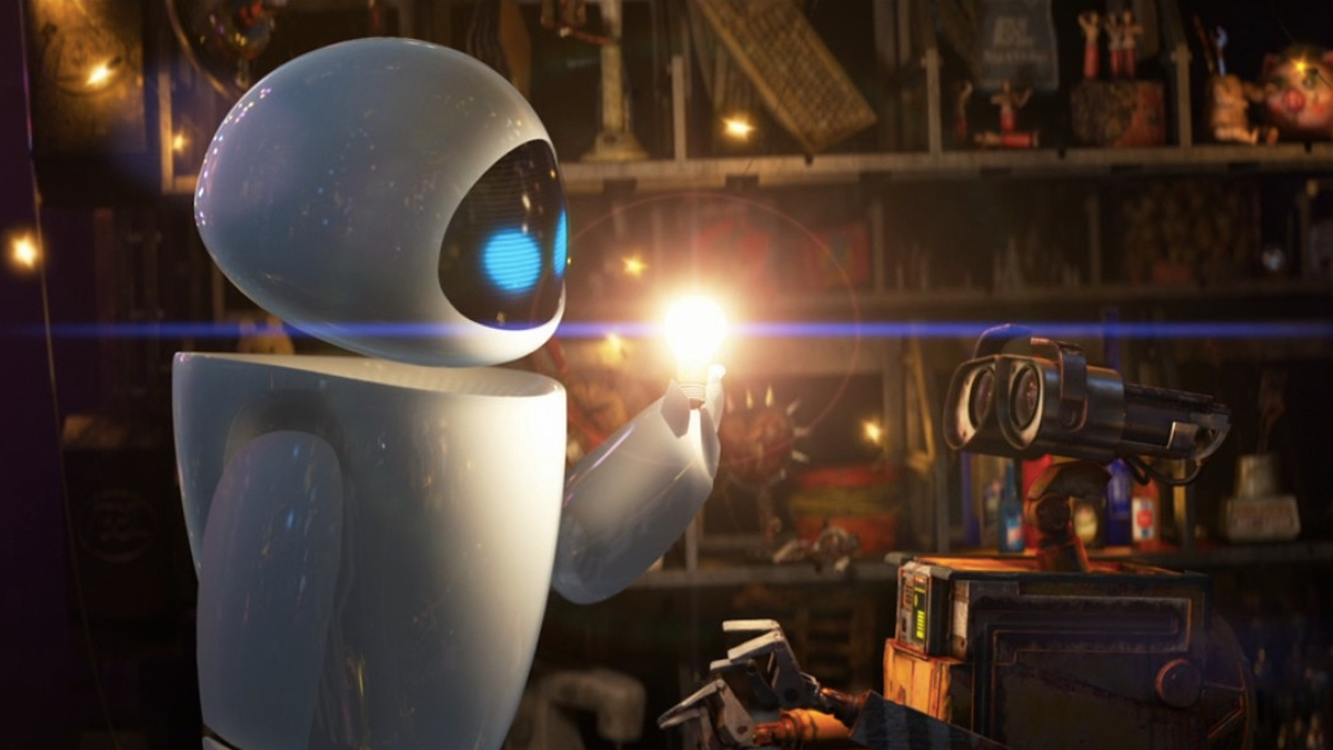 Wall-E ukazuje EVE svou sbírku lidmi vyrobených drobností