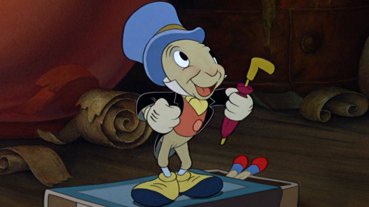 Jiminy Cricket säger hej till Pinocchio