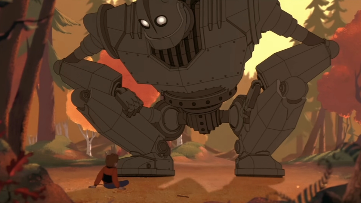 Rautajättiläinen polvistuu Hogarthin eteen elokuvassa Rautajättiläinen (The Iron Giant).