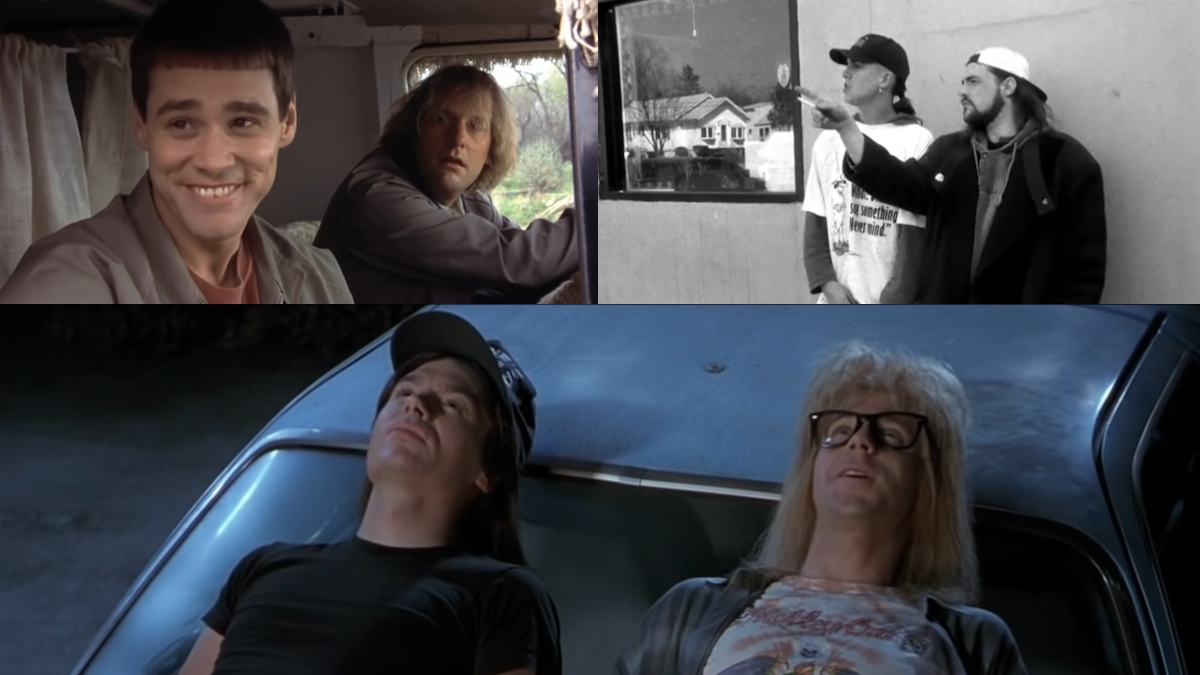 Collage de différents duos de cinéma : Lloyd et Harry, Jay et Silent Bob, et Wayne et Garth.