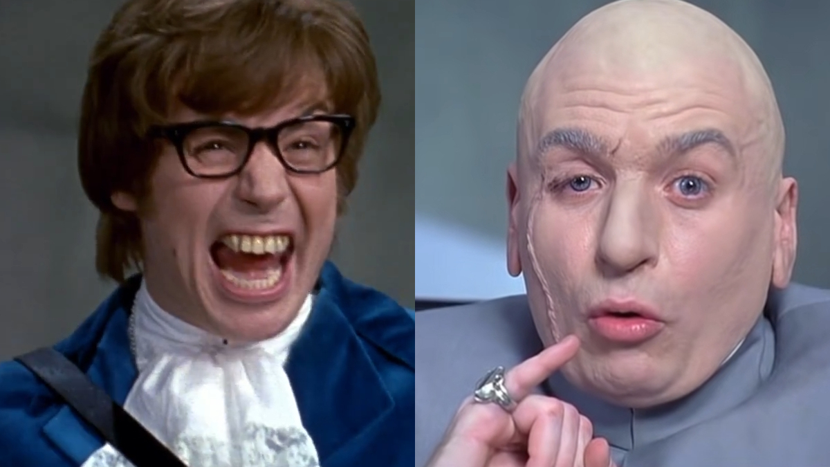 Képkollázs Mike Myersről Austin Powers és Dr. Evil szerepében.