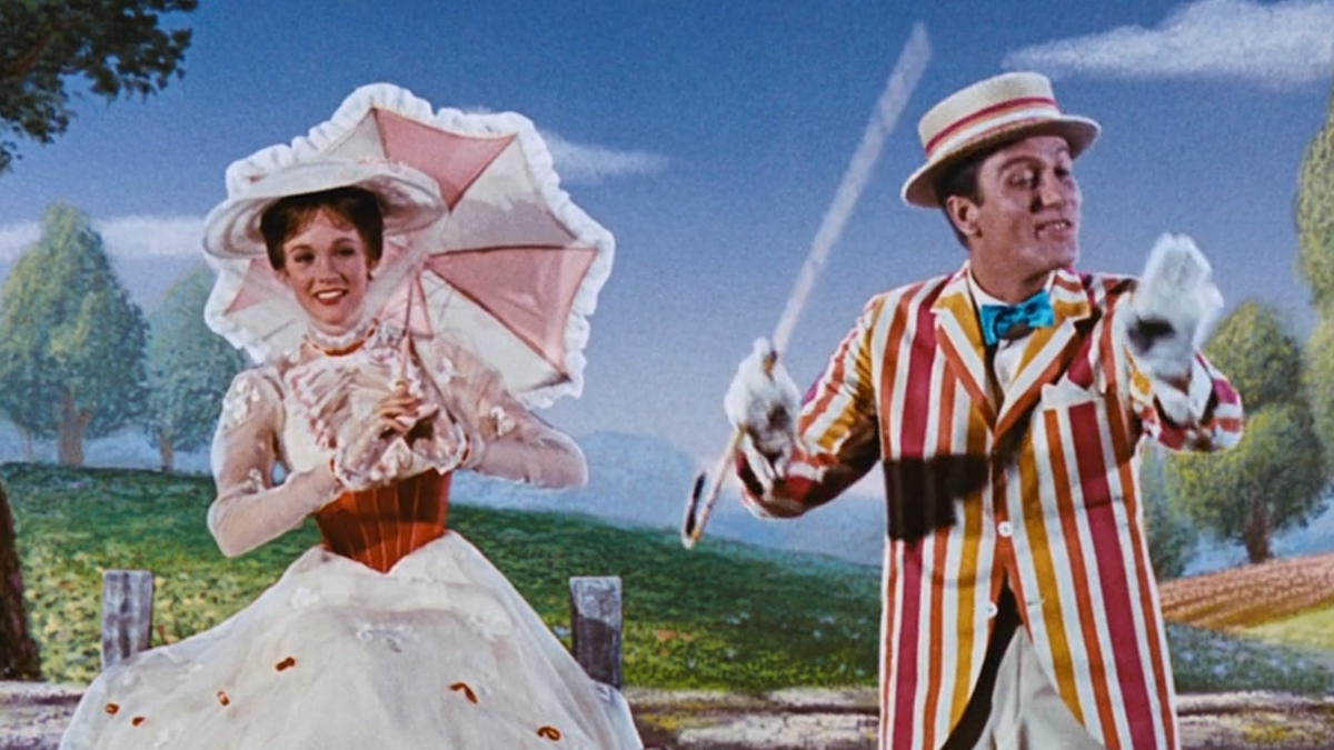 Mary Poppins egy rajzfilmmezőn táncol a Mary Poppins című filmben.