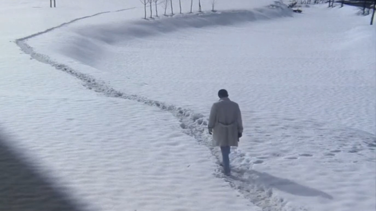 Un ex gangster cammina nella neve in Tokyo Drifter