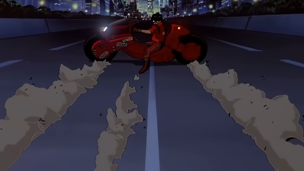 Kaneda schiebt sein cooles Fahrrad in Akira