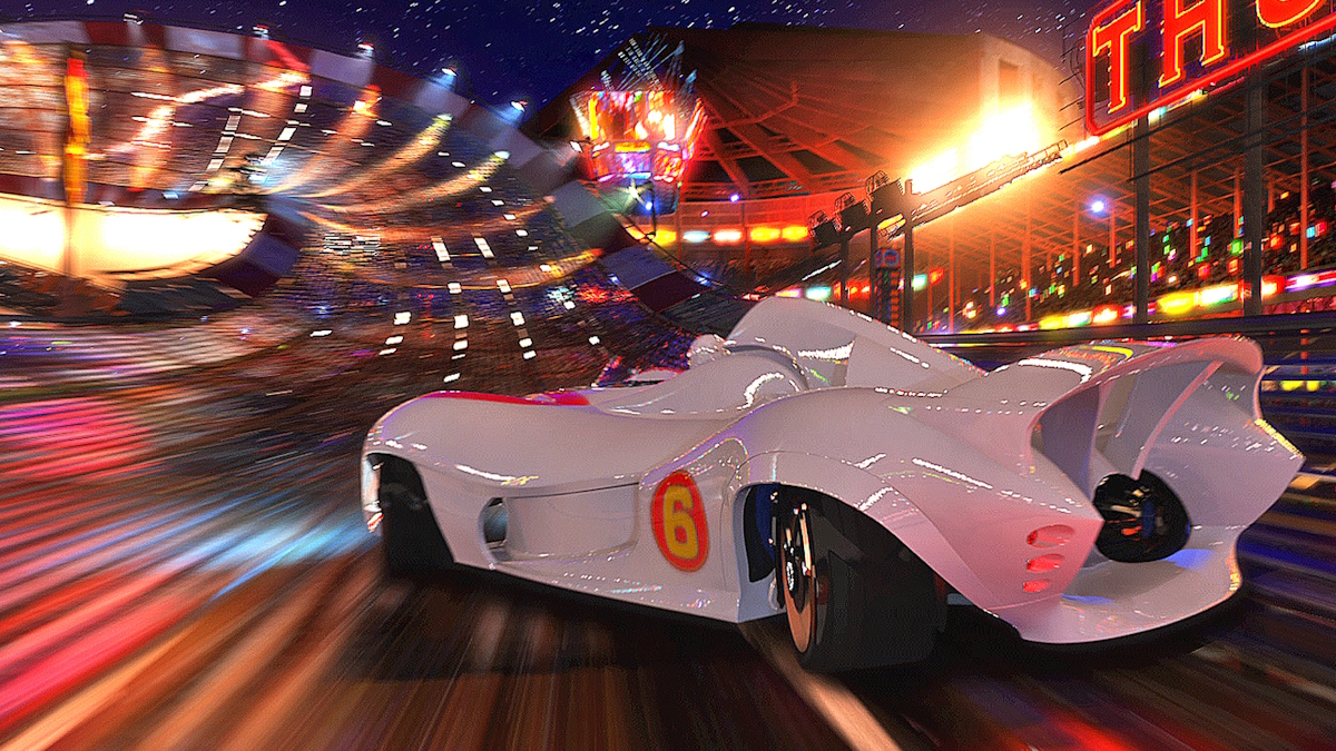 Спиди Гонщик управляет машиной Mach 5 в фильме Speed Racer.