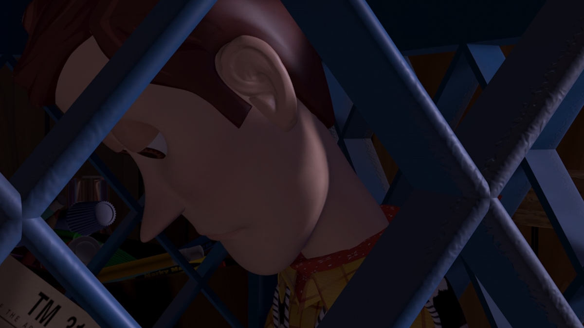 Woody přemýšlí o tom, co znamená být hračkou za deštivé noci v Sidově pokoji ve filmu Příběh hraček