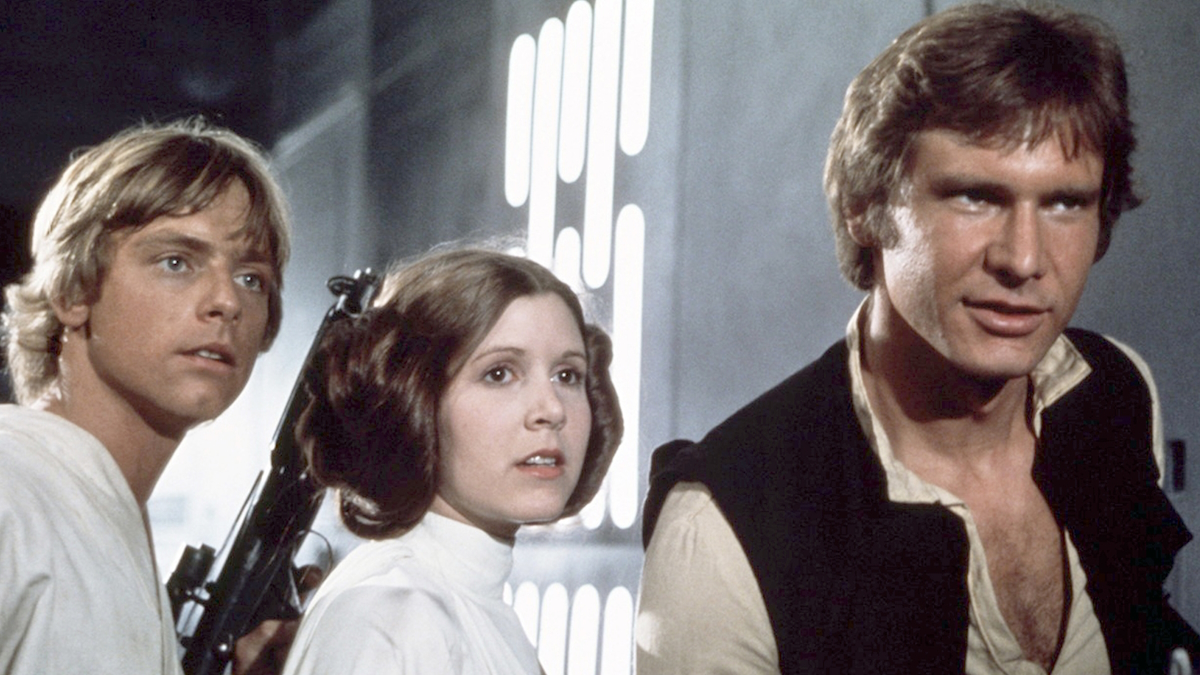 Luke, Han en Leia staan in de Death Star in Star Wars
