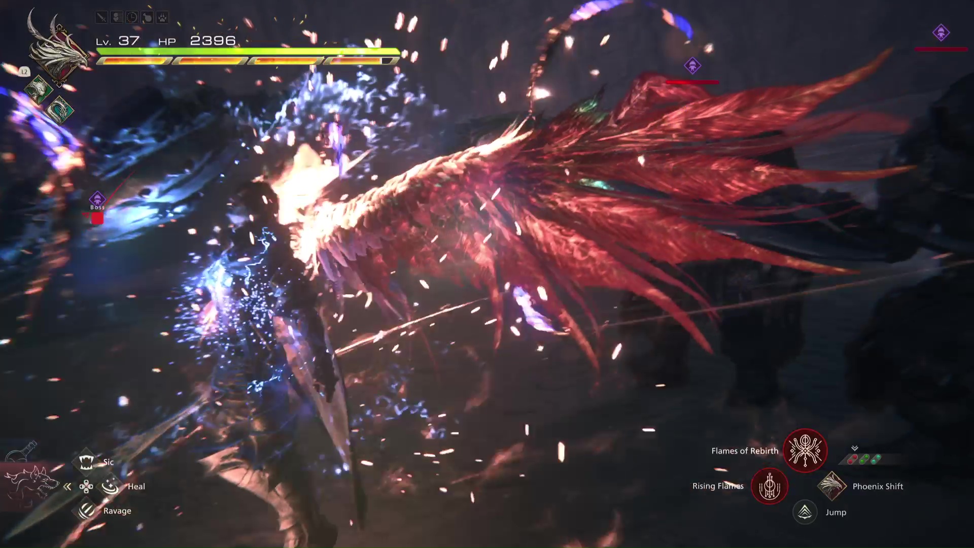 Clive používá Eikon Phoenix k aktivaci Plamenů znovuzrození ve hře Final Fantasy 16.