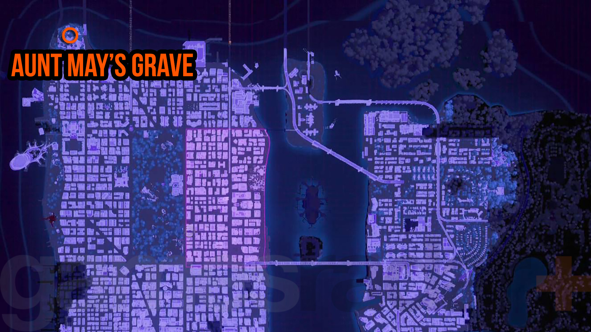 Mapa de localización de la tumba de la tía May en Spider-Man 2