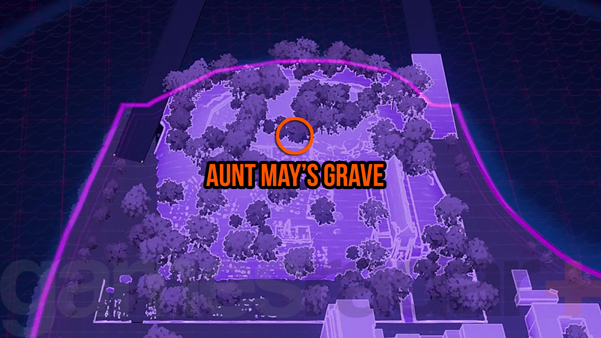 Carte de localisation détaillée de la tombe de Tante May dans Spider-Man 2