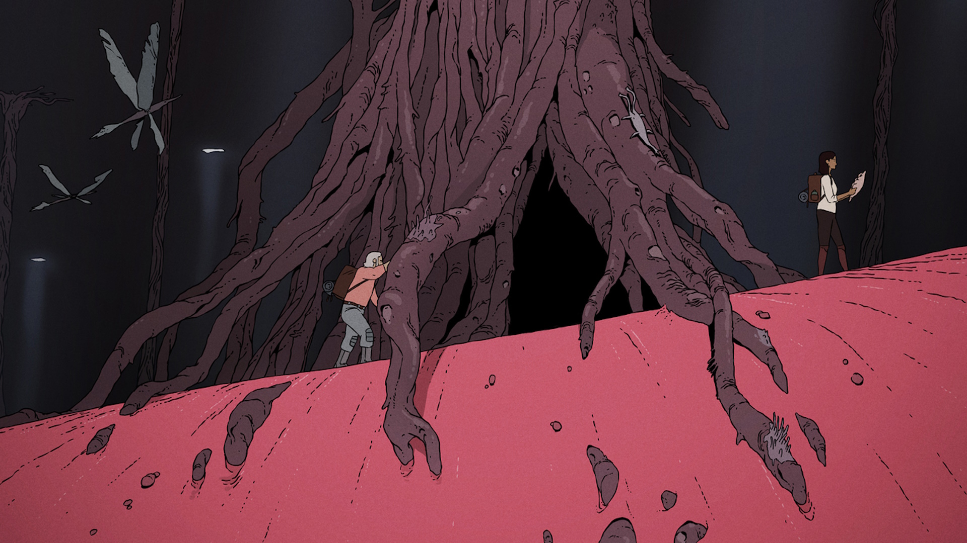Il poster di Scavengers Reign mostra uno strano albero alieno e due umani.