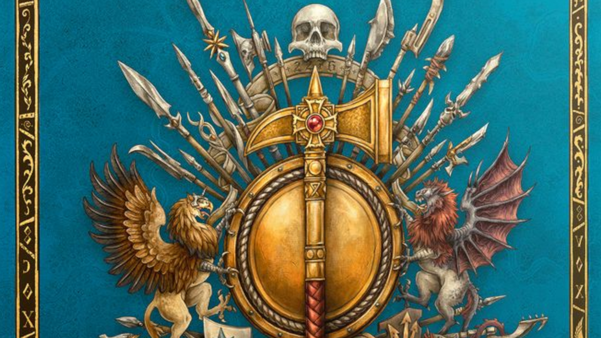 Zlaté válečné kladivo na štítu lemovaném kopími, lebkami a heraldikou ze hry Warhammer: Starý svět.