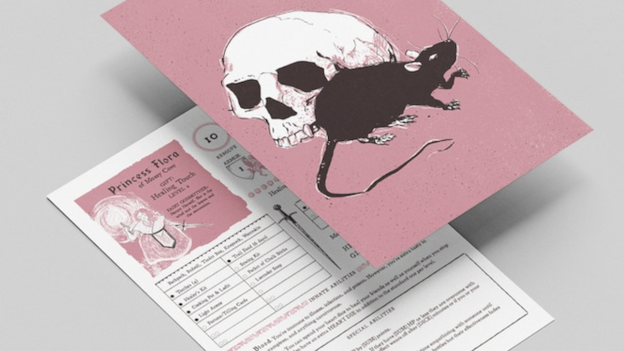 ورقة شخصية من المخاطر والأميرات على خلفية رمادية ، مع غطاء وردي يصور جمجمة وفأر فوقها