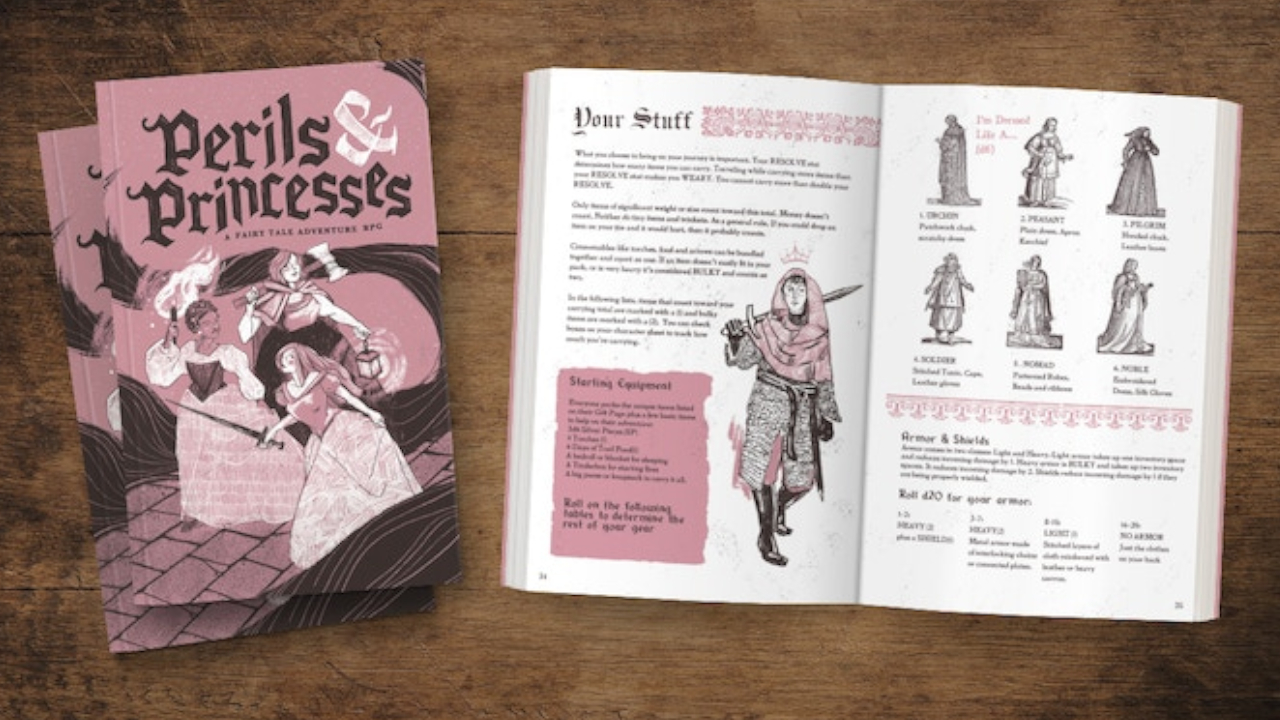 Uma coleção de livros de regras de Perils & Princesses numa superfície de madeira, com um aberto
