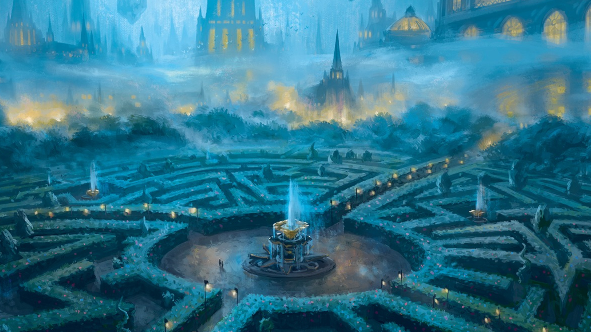 Ein riesiges Labyrinth bei Nacht, mit einem Brunnen in der Mitte und den Dächern der Stadt im Hintergrund