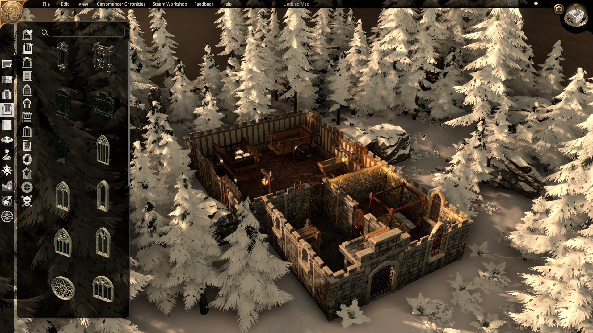 Hrad v zasněžených lesích ve hře Dungeon Alchemist