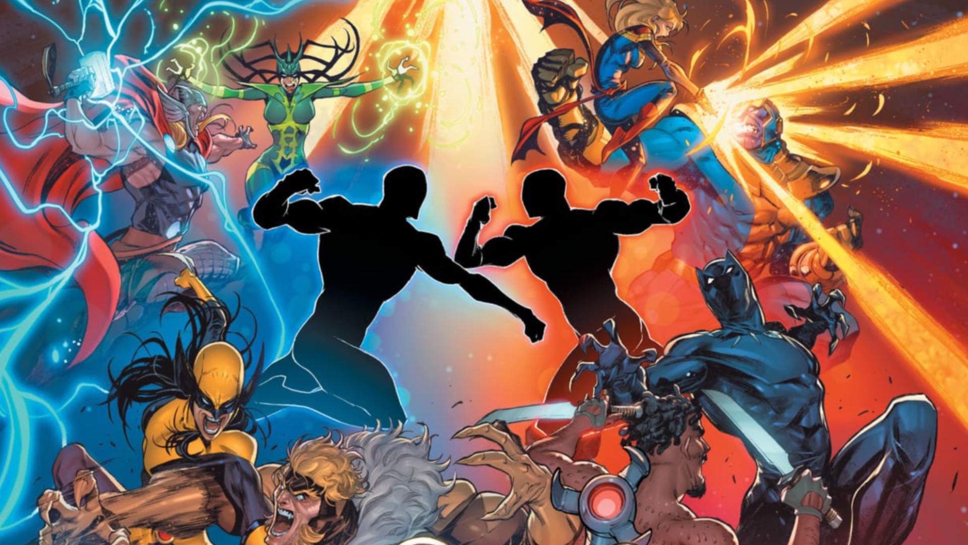 Flere helter kjemper rundt to mørklagte figurer i et kunstverk fra Marvel Multiverse Role-Playing Game.