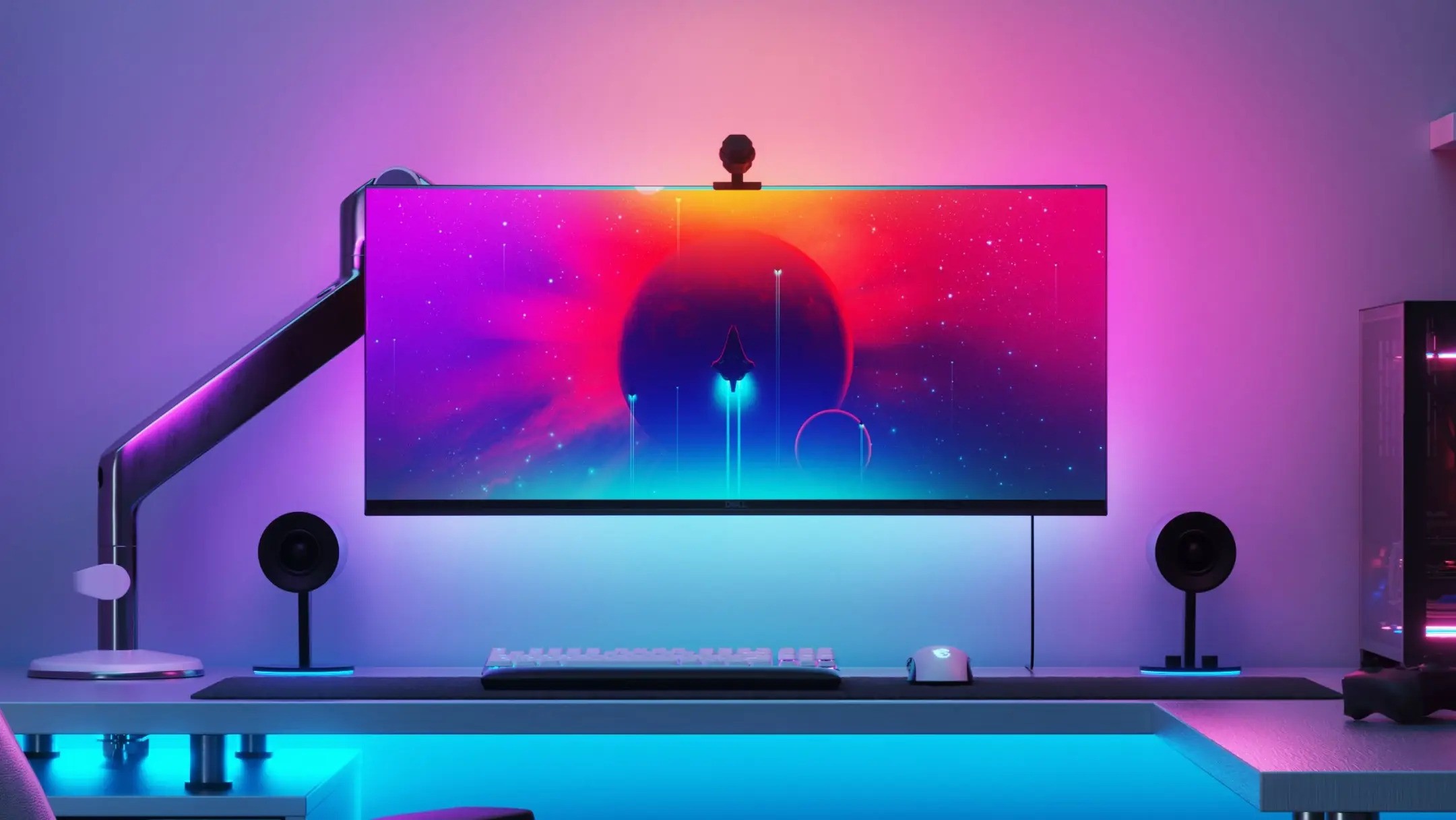 Immagine di un monitor con una luce colorata e brillante proveniente da dietro di esso