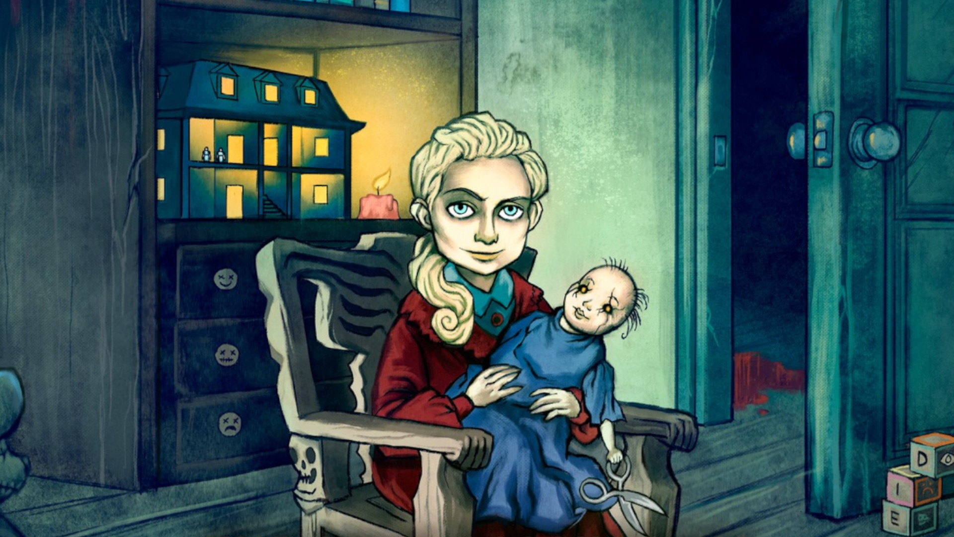 En ung, blond jente sitter i en gyngestol med en skummel dukke i hånden.