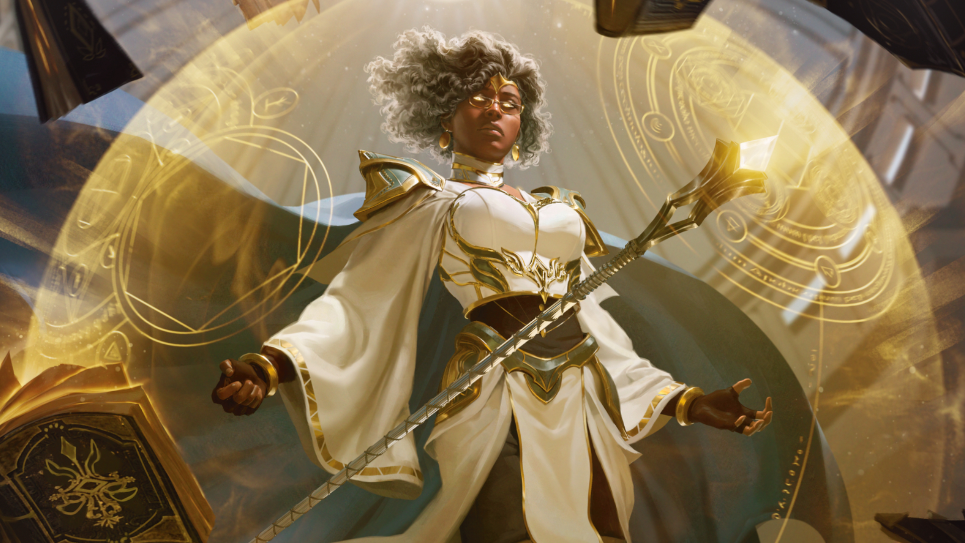 Arte de Dungeons &amp; Dragons con una mujer de ojos brillantes levitando detrás de un escudo mágico.