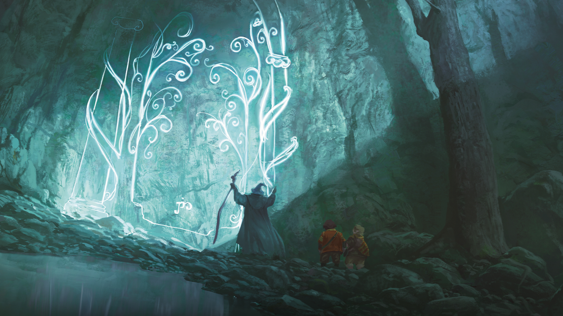 La porte de la Moria dans le jeu MTG Le Seigneur des Anneaux, avec Gandalf, Frodon et Sam devant elle.