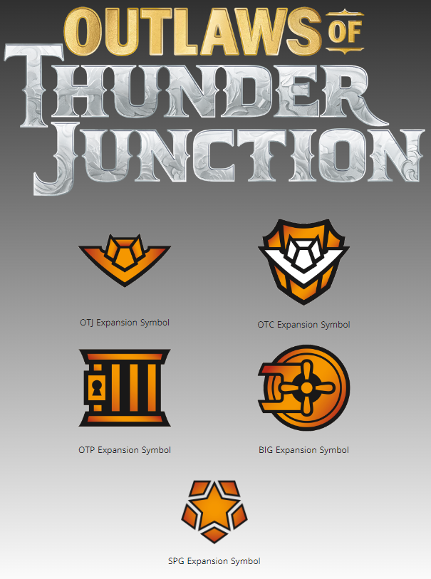 Outlaws of Thunder Junction -sarjan ja sen osajoukkojen symbolit.
