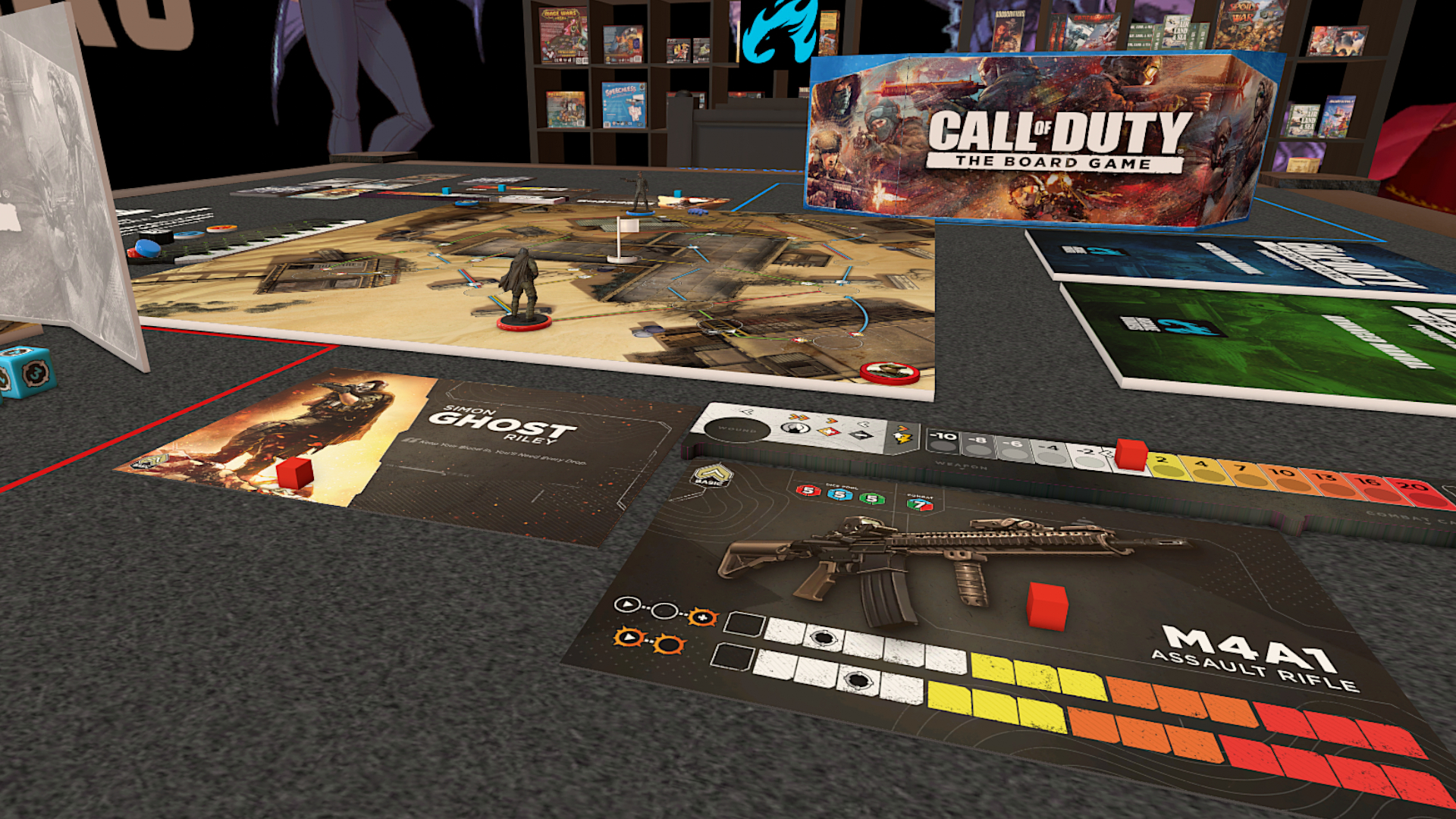 Hrací deska, karty, žetony a obrazovky ze hry Call of Duty: The Board Game na tabletop simulátoru