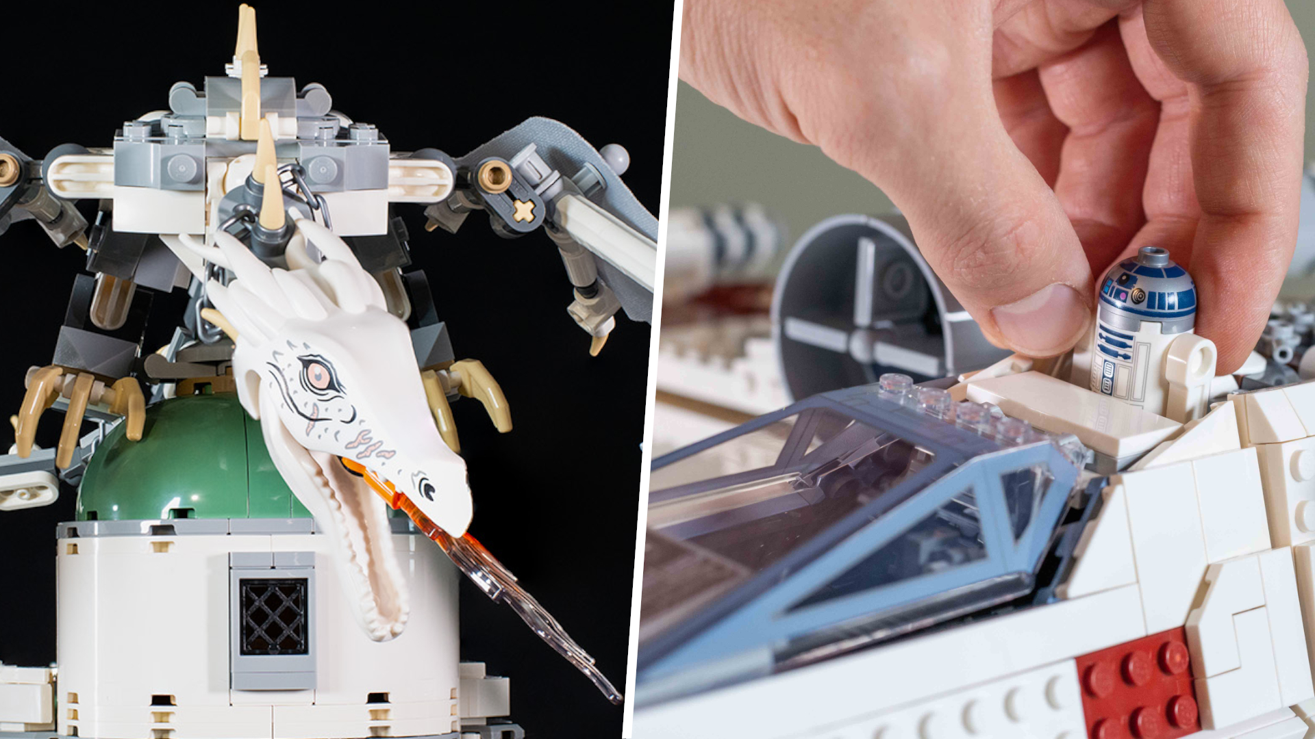 تنين Lego من مجموعة Gringotts التي تطفو على مبنى ، بجوار يد R2-D2 في UCS X-Wing